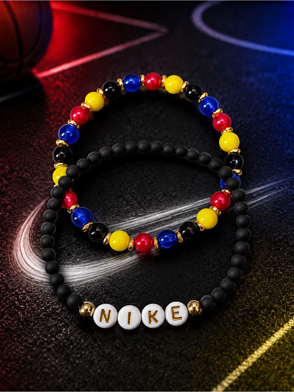 Nike-Inspired Sporty Beaded Bracelet Set | Black & Primary Colors 9”